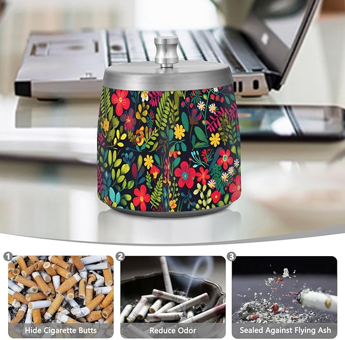 Colorful Bright Little Flowers Ashtray with Lid, Outdoor Ashtrays for Patio, Stainless Steel Ashtray Odorless Smokeless for Home Office Balcony