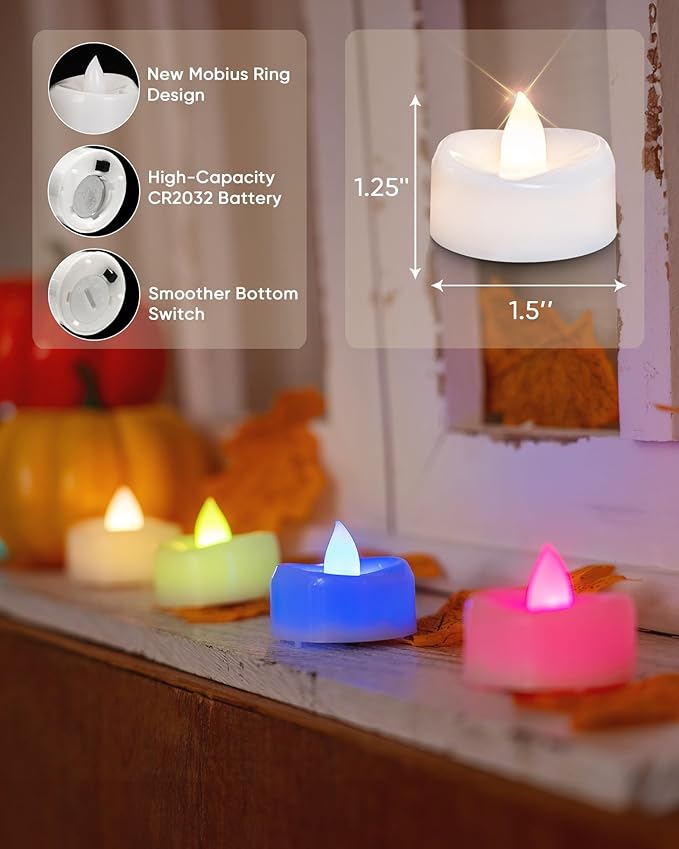 LED Candles, 24-Pack Color Changing Tea Lights Candles Battery Operated Bulk, Long-Lasting 200+ Hours Flameless Tealight Candles for Halloween Christmas Holiday Decor, 1.5'' D X 1.25'' H