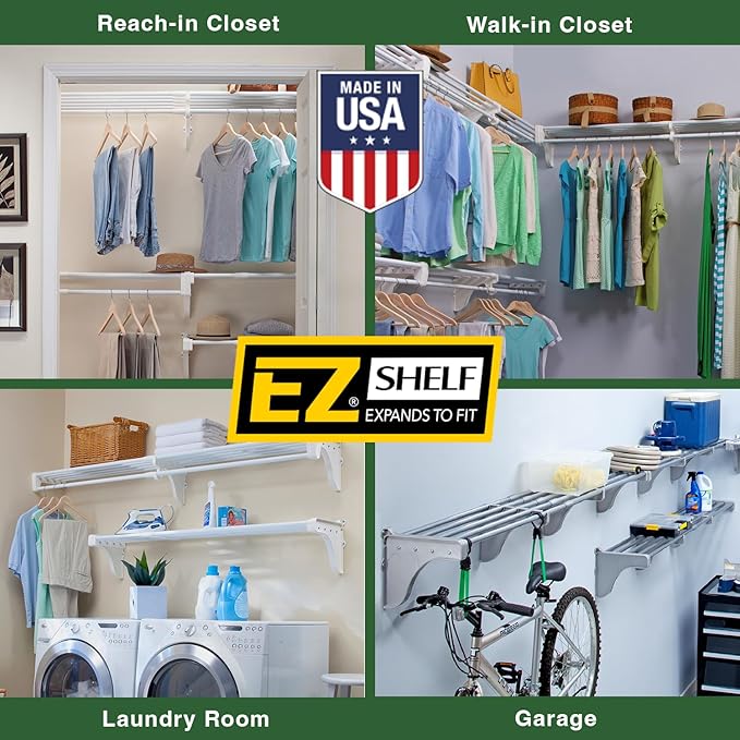 EZ SHELF- Closet Shelf with Hanging Rod, Expands 40.5-73", White, Closet Shelves Hold 200 lbs, Easy Install Closet Organizer to 2 Side Walls, Alternate for Closet Wire Shelving & Laundry Room Shelves
