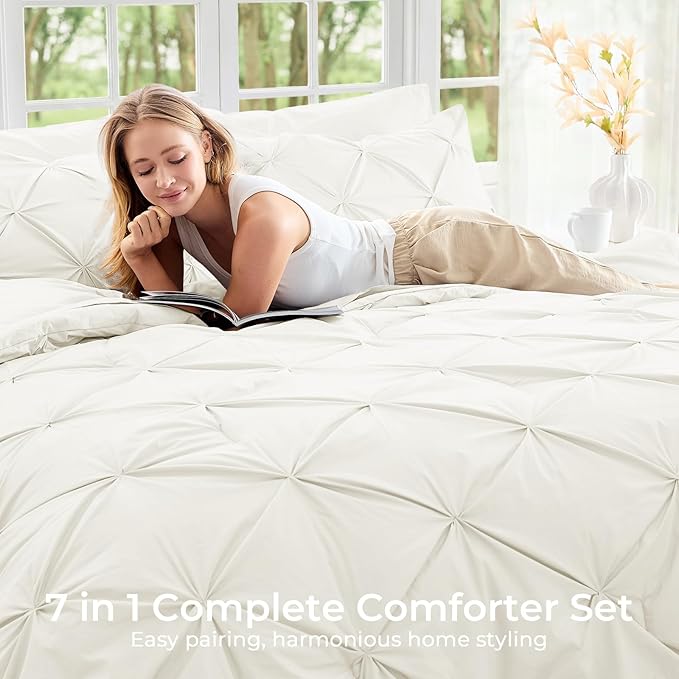 Sasttie California King Comforter Set, 7-Piece Bed in a Bag, Pintuck Bedding Sets for All Season, Includes Comforter, Flat Sheet, Fitted Sheet, Pillowcases and Pillowshams, Ivory