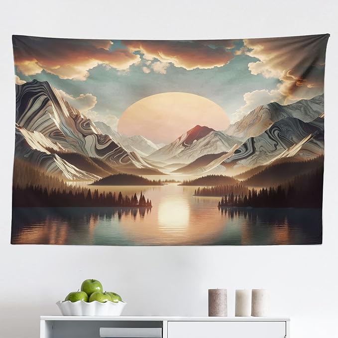 Ambesonne Mountain Tapestry, Sunrise Scenario of Meadows Featuring Groovy Mounts with Lake Clouds, Fabric Wall Hanging Decor for Bedroom Living Room Dorm, 45" X 30", Peach Fawn Pale Seafoam