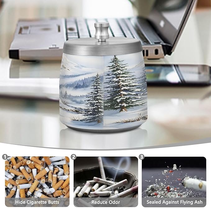 Winter Cabin Snow Scene Ashtray with Lid, Outdoor Ashtrays for Patio, Stainless Steel Ashtray Odorless Smokeless for Home Office Balcony