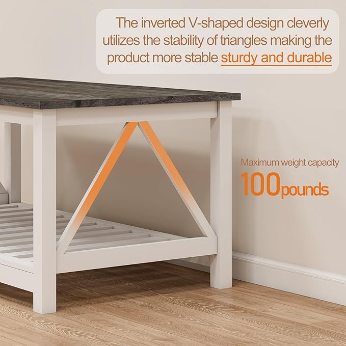 Farmhouse Coffee Table, White OakCoffee Table for Living Room, 2-Tier Rectangular Wooden Centre Cocktail Table with Slats Shelf Storage and V-Shaped Frame Modern Coffee Table Dark Oak