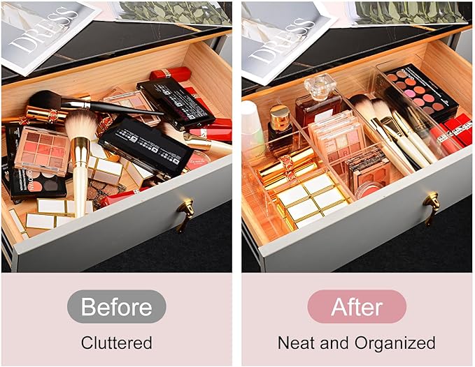 JessLab Acrylic Organizer, 2PK Cube Sections Makeup Organizer for Drawer, Makeup Organizer for Vanity, Countertop, Bathroom, Kitchen and Cabinet Storage(1+3 Compartment)