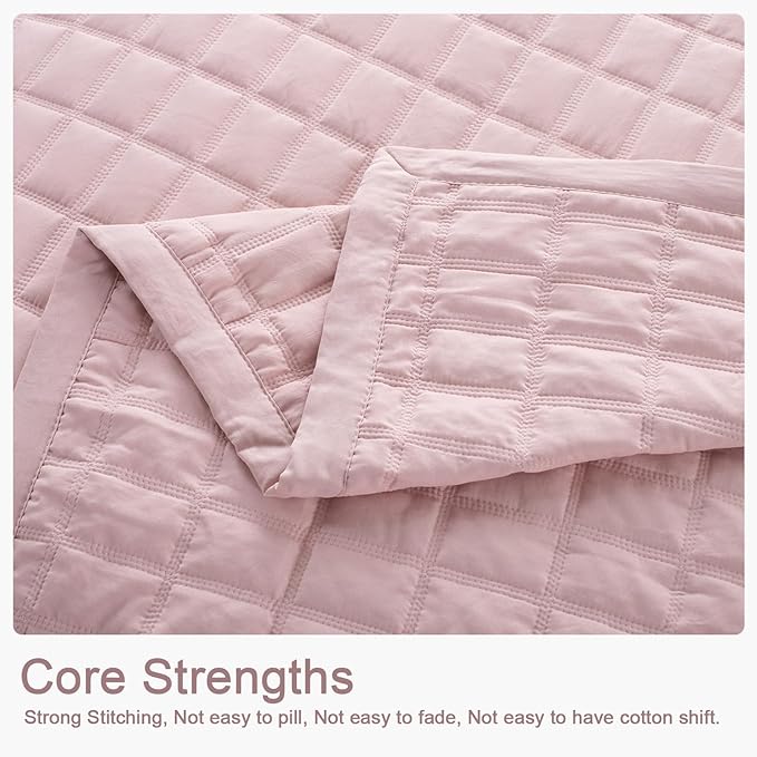 KASENTEX Queen XL Quilt Set 98"x98" – Soft Washed 3-Layer Lightweight Bedspread, Minimalist Nordic Design, All-Season Spring & Summer Quilt Set (1 Quilt + 2 Pillow Shams), Blush Pink