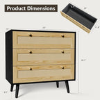 3 Drawer Storage Rattan Dresser, Boho Dresser Chest for Bedroom Hallway Living Room, Black