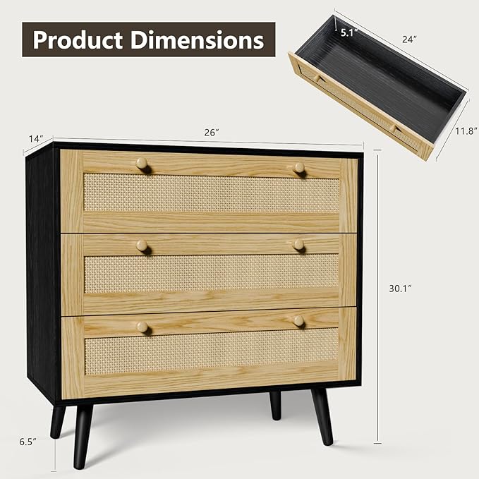 3 Drawer Storage Rattan Dresser, Boho Dresser Chest for Bedroom Hallway Living Room, Black