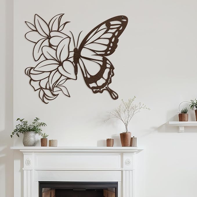 SIGNLEADER Metal Wall Art Decor Butterfly and Flowers Minimalist Modern Abstract Wall Sculpture Hangings Home Decoration for Living Room, Bedroom, Bathroom, Kitchen, Outdoor - 36" Bronze