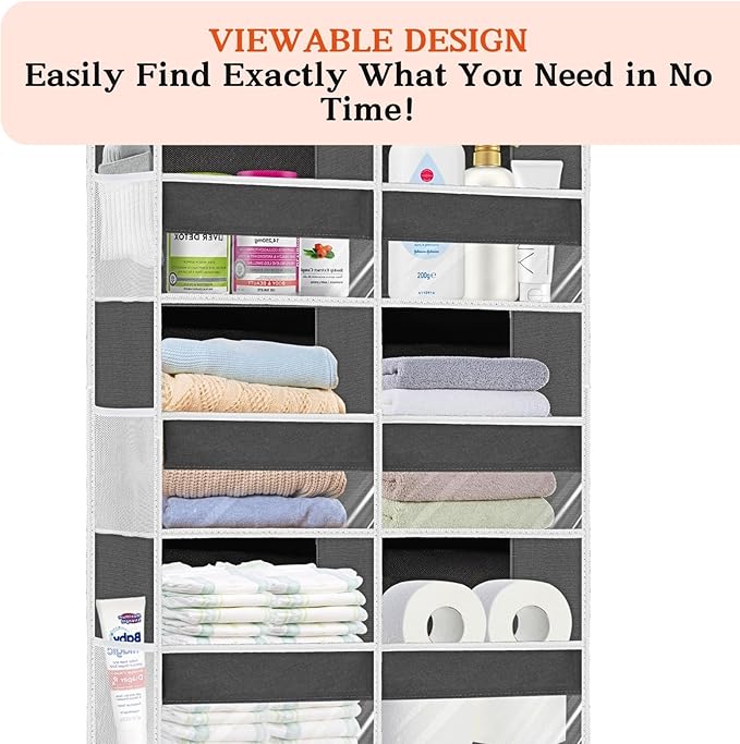 2 Pack Over The Door Organizer 6 Tiers, Extra Large Behind Door Storage of 12 Compartments, 80 lbs Weight Capacity Hanging Storage Organizer with Clear Window Kids Toys,Shoes (6 Tiers - Grey)