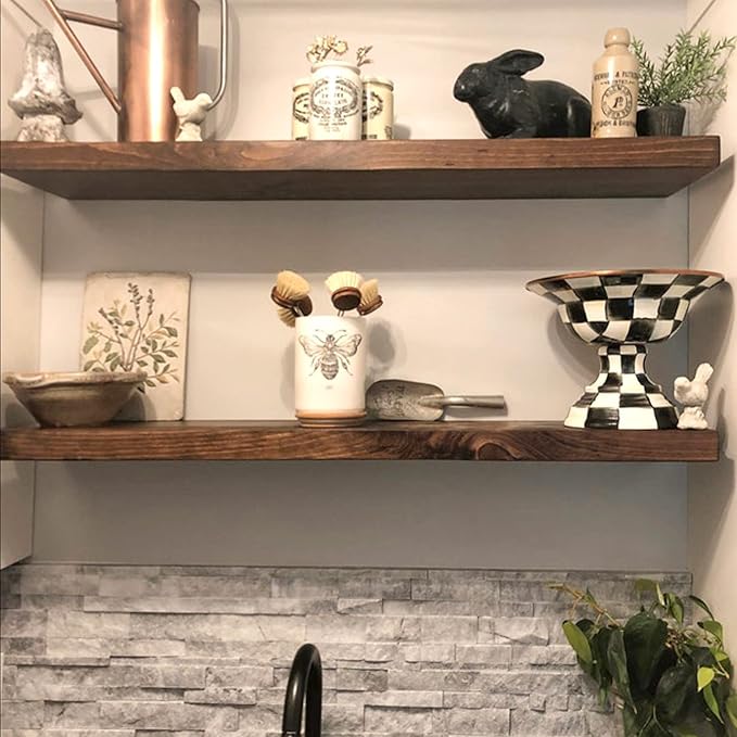 URBANDI, Rustic Floating Shelves, Set of 2, Hidden Bracket, Solid Wood, Heavy Duty, Wall Mounted Shelves, (Provincial, 48Wx6D)