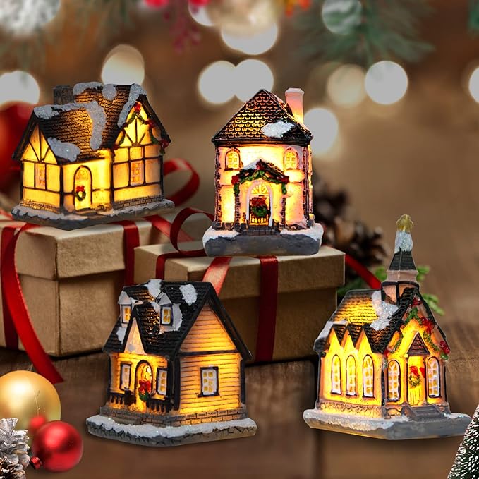 Christmas Decorations Village House Decor Xmas Lantern Decorative Resin House Collectible Buildings Figurine De Navidad Decoración with LED Light