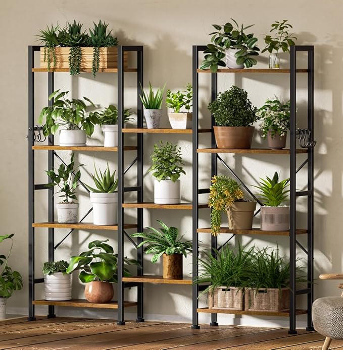 Furologee Triple 4 Tier Bookshelf, Bookcase with 11 Open Display Shelves, Wood and Metal Shelf Storage Organizer,Industrial Wide Shelving Unit for Living Room,Home Office,Rustic Brown