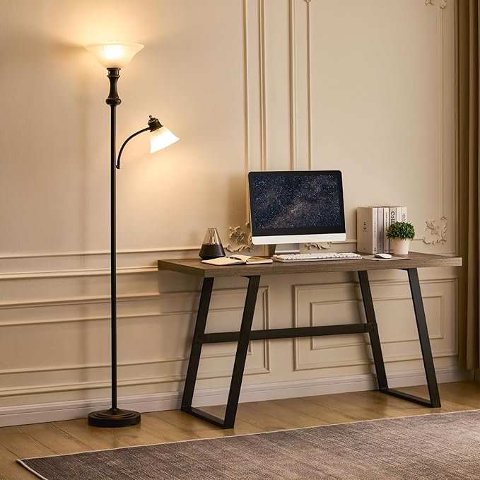 71'' Torchiere Floor Lamps for Living Room, Tall Floor Lamp for Bedroom with Adjustable Angle Arc Reading lamp, Modern Standing lamp with Glass Shade, Knob Switch, Bulb Included, Black