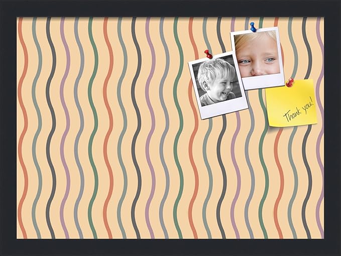 PinPix 18x13 Inch Cork Bulletin Board. This Decorative Framed Pin Board Comes with Multi Color Waves Design and a Satin Black Frame. Ideal for Home Office Decor or Message Board (PinPix-565)
