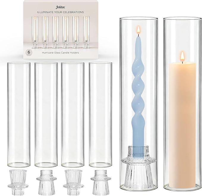 6 Set Glass Hurricane Candle Holders - 12" Tall Clear Glass Candlestick Holders for Taper Candles with Cylinder Chimney for Wedding, Party, and Home Table Centerpiece Decoration