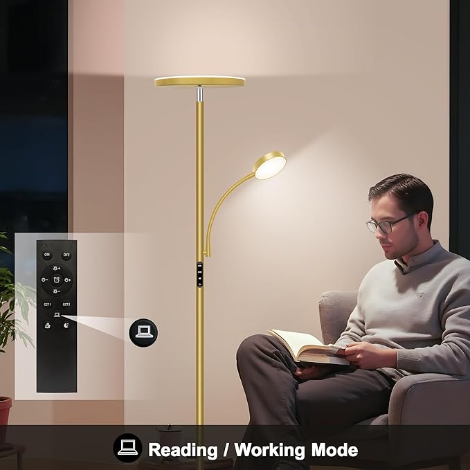 Gold Floor Lamps for Living Room,42W/4200LM Super Bright Floor Lamp with Reading Light,69'' Tall Standing Lamp with Remote & Touch Control, Modern Torchiere Floor Lamp for Bedroom,Office