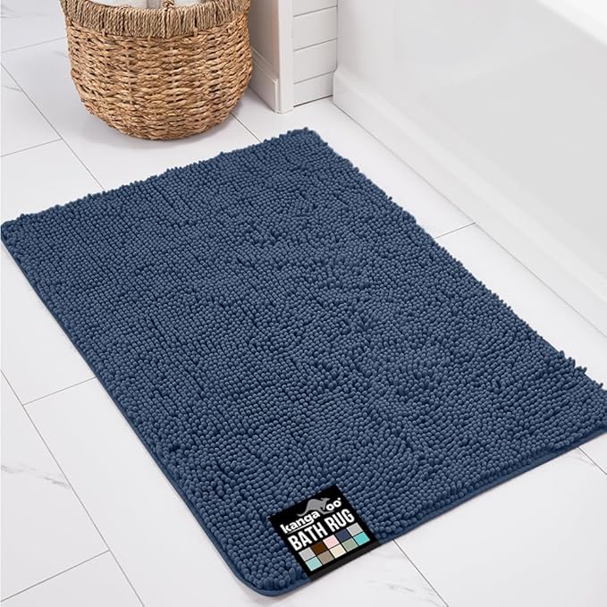 KANGAROO Bathroom Rugs, Chenille Soft Absorbent Bath Rug, Shaggy Shower Mat, Quick Dry Machine Wash Bathmat, Plush Carpet Mats for Tub, Bathtub and Room Home Decor Accessories, 42x24, Navy Blue