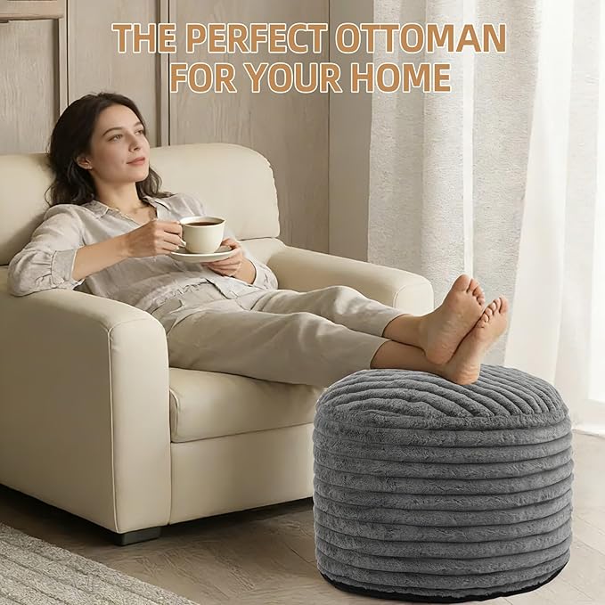 Round Stuffed Pouf Ottoman Foot Rest for Couch Round Ottoman with Foam Chunk Filling Stripe Faux Fur Ottomans for Living Room Floor (20"x15",Dark Grey)