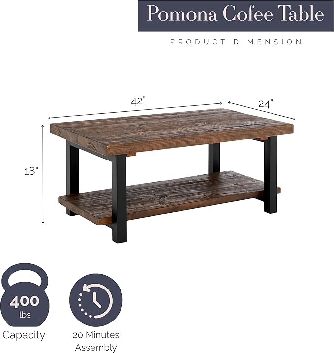 Alaterre Furniture Pomona Rustic Coffee Table with Storage Shelf - 42-Inch Industrial Modern Metal and Solid Wood Living Room Table - Easy Assembly Farmhouse Living Room Furniture (Rustic Natural)