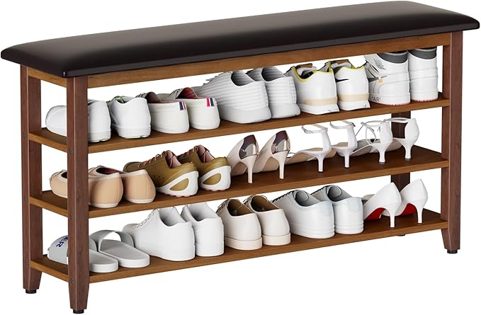 Shoe Bench with Leather Cushion,Wood Bench with Shoe Rack,3-Tier Shoe Storage Organizer for Entryway,Hallway,Living Room (Brown, 3-Tier-47.3")