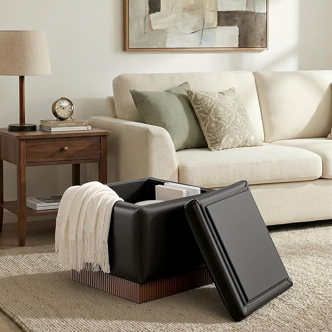 Swivel Storage Ottoman with Hidden Compartment, Square Faux Leather Footstool, Solid Acacia Wood Frame, 500 lbs Capacity, No Assembly Required, for Living Room & Bedroom