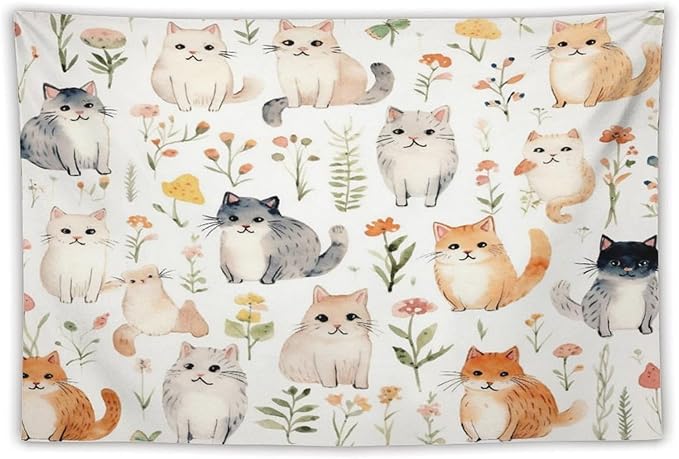 VUMIVI Cute Cat Tapestry Cartoon Pets Flowers Mushrooms Butterflies Watercolor Illustrations Tapestry Wall Hanging for Living Room Bedroom Dorm Classroom Aesthetic Decor W60xL40in