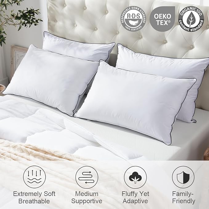APSMILE Medium Firm Feathers Down Pillow Queen Size Set of 2, Luxury Feathers Pillow for Sleeping, 100% Organic Cotton Cover Hotel Bed Pillow for Side Sleeper (White, 20"x30")