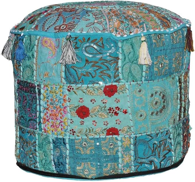 Aakriti Gallery Indian Pouf Footstool - Ethnic Embroidered Ottoman Cover, Round Cotton Pillow for Decor Art (Turquoise, 18x13)
