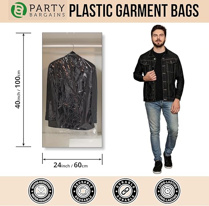 Party Bargains 40x25 Inch Clear Plastic Garment Bags, 100 Pack