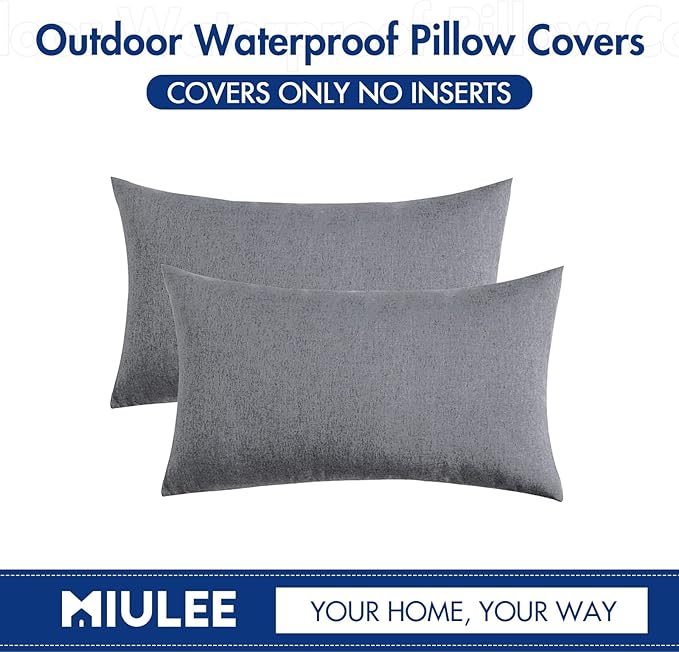 MIULEE Pack of 2 Decorative Outdoor Solid Waterproof Throw Pillow Covers Faux Linen Garden Farmhouse Cushion Cases for Patio Tent Balcony Couch Sofa 20x12 Inch Dark Grey