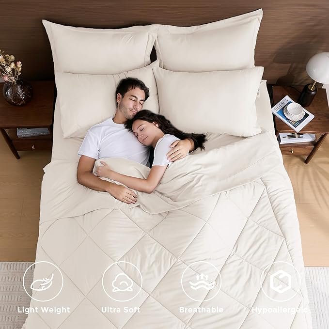 HEVUMYI Ivory Full Comforter Set - 7-Piece All Season Bed in a Bag Full, Ultra Soft Bedding Set with Comforter, Flat Sheet, Fitted Sheet, Pillowcases, Pillow Shams