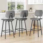 29-Inch Leather Bar Stools Set of 3, Counter Height Barstools with High Backrest，Bar Chairs for Kitchen Island with Heavy Duty Metal Base, Gray