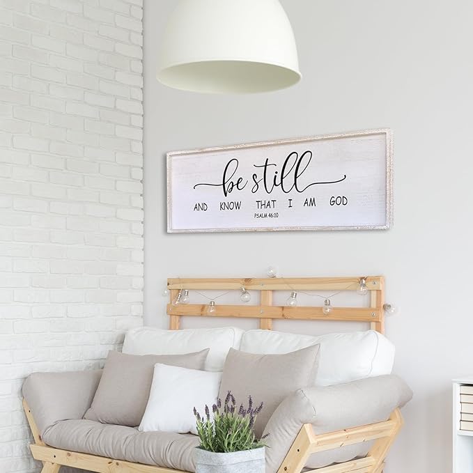 Surfapans Be Still and Know that I am God Wall Decor 40"x15" Large Farmhouse Family Living Room Vintage Religious Bible Verses Entryway Sign Wood Framed Scripture Hallway Hanging Wall Art (White)