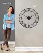 24 Inch Wall Clock, Large Roman Numerals Wall Clocks Battery Operated, Slient Vintage Skeleton Black Metal Indoor Outdoor Clocks for Living Room, Bedroom, Kitchen, Dining Room, Patio Decor