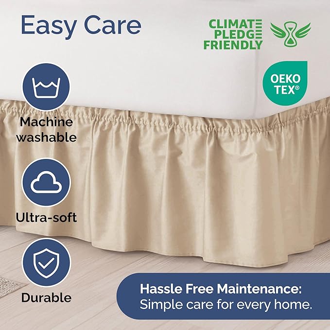 Wrap Around Dust Ruffle Bed Skirt - Cream - for King Size Beds with 15 Inch Drop - Easy Fit Elastic Strap - Adjustable Pleated Bedskirt w/Brushed Fabric - Wrinkle Free - for Women, Men, Kids & Teens