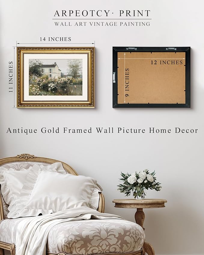 ARPEOTCY Vintage Cottage Garden Wall Art, Framed Floral House Painting Print, French Country Style Home Décor, 14x11 Inch Countryside Landscape Picture for Living Room, Bedroom, Hallway