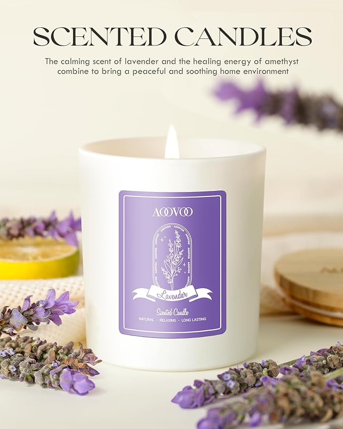 AOOVOO Lavender Scented Candles for Women - Aromatherapy Candle with Crystals Inside, 10oz Soy Candles for Home Scented, Birthday Gifts Valentines Day Candle for Women Mom