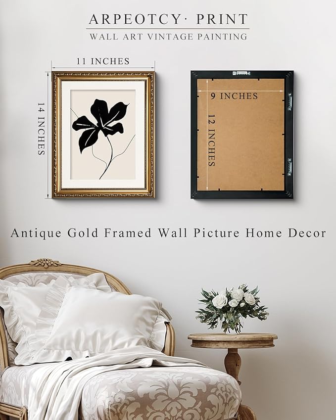 ARPEOTCY Vintage Gold Framed Wall Art Decor, 11x14 Inch Abstract Black Floral Prints, Black and White Wall Art for Living Room Bedroom, Minimalist Botanical Bathroom Decor Aesthetic