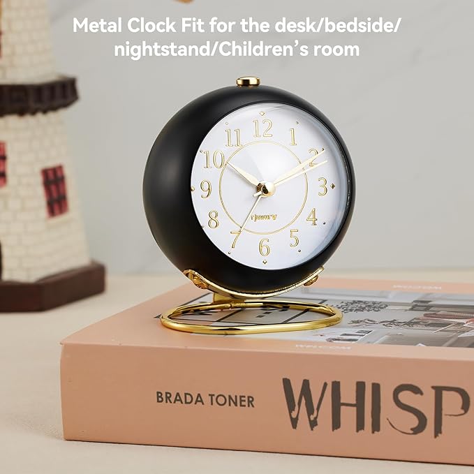 Metal Desk Alarm Clock, Retro Bedroom Table Vintage Analog Silent Non-Ticking Gold Alarm Clock, Bedside Decor(Black)