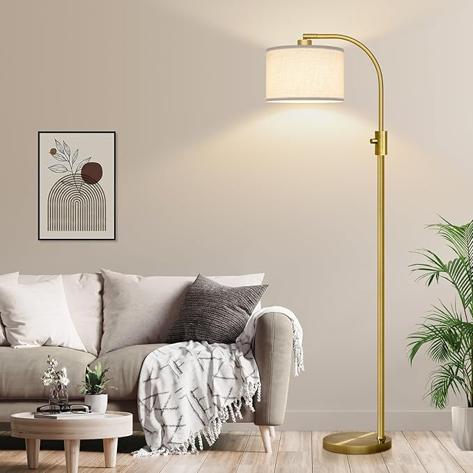 Nintiue Upgraded Modern Arc Dimmable Tall Standing Floor Lamp with Linen Shade, 1200 Lumens LED Bulb Included, for Living & Reading Room, Bedroom, Office & Nursery, Brass