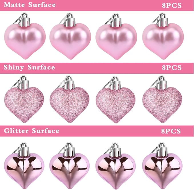 JULMELON 24 Pieces Valentine’s Day Heart Shaped Ornaments, 3D Heart Shaped Bulk Hanging Ornaments, Glossy and Matt Glitter Hearts Hanging Decorations for Valentines Day Tree Decorations Party Home