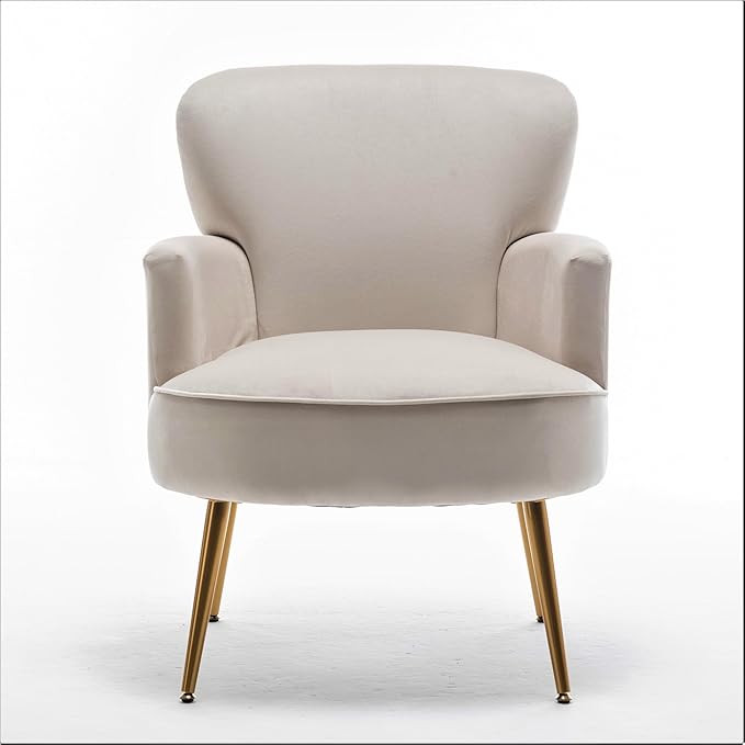 Trendy Velvet Accent Chair with Gold Metal Legs, Upholstered Armchair for Small to Mid-Size Spaces, Modern Living Room, Bedroom, Vanity Desk and Entryway, Ivory