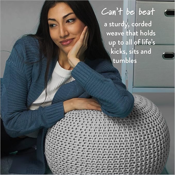 Urban Lifestyle Round Knit Pouf - Hand Woven Cotton, Ivory