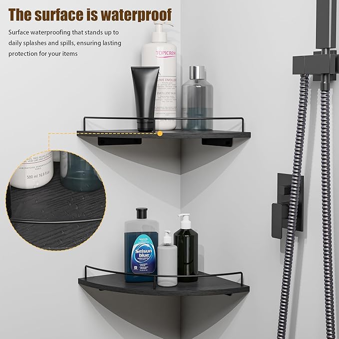Corner Floating Shelves, Rustic Brown Wood, Set of 2, Wall Mount Storage with Guardrail for Bathroom Kitchen Living Room (Black)