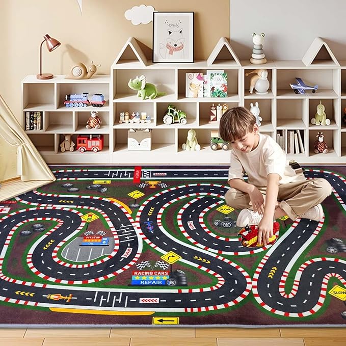 Kids Rug,Children's Room Rug,Road Race Play Rugs, Rail City Living Rugs, Washable Non-Slip Play Mats. (Crimson, 47x71in)