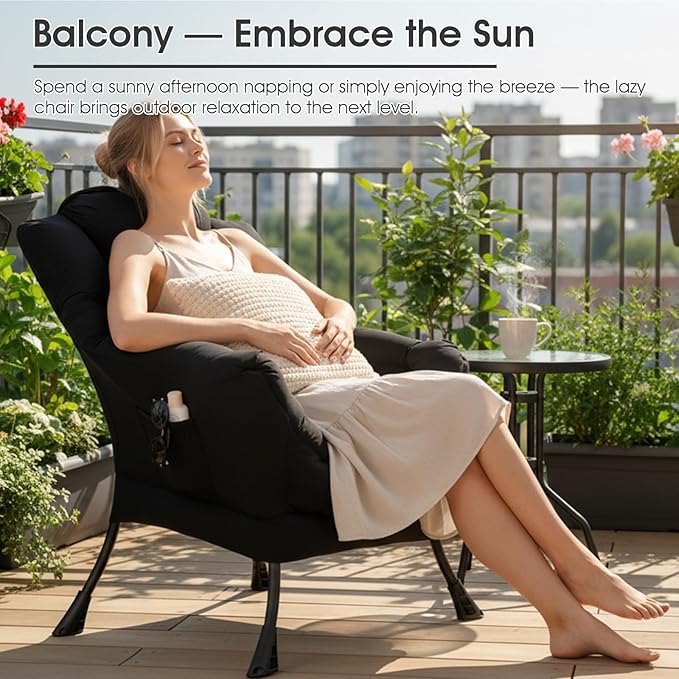 Lazy Chair for Living Room, Large Black Lounge Accent Chair with a Throw Pillow, Leisure Sofa Chair Set, Comfy Reading Chair for Bedroom, Dorm Room, Office