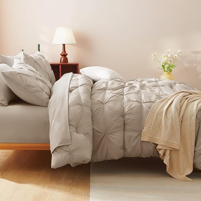 CozyLux Queen Comforter Set Wheat, 7 Pieces Pintuck Bed in A Bag, Premium Wheat Comforter Queen Size, Pinch Pleat Bedding Sets with Comforter, Sheets, Pillowcases & Shams