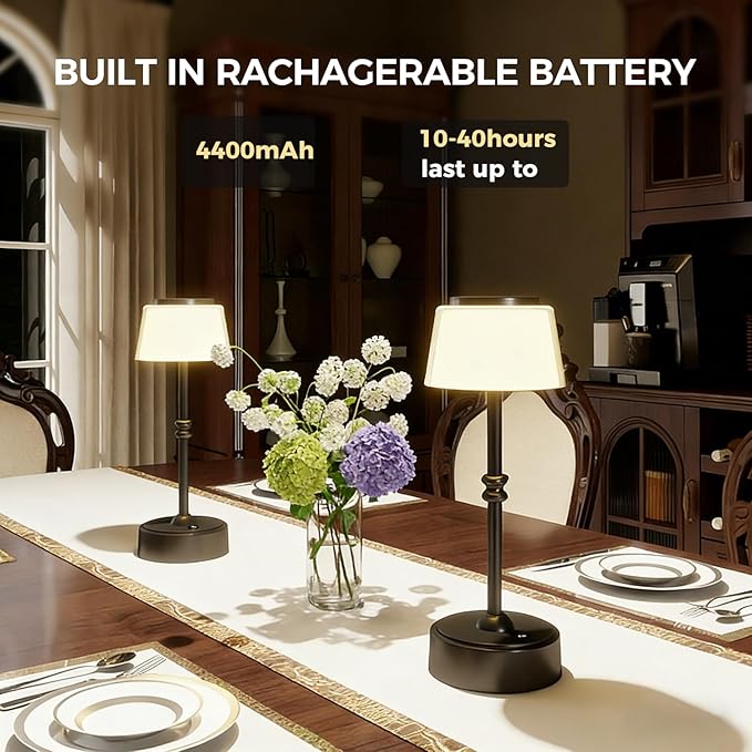 LED Cordless Lamp, 5 Colors Stepless Dimming Table Lamp, Built-in 4400mAh Rechargeable Battery with USB Charging Port, Portable Touch Bedside Light for Patio, Restaurant, Dining(2, Black)