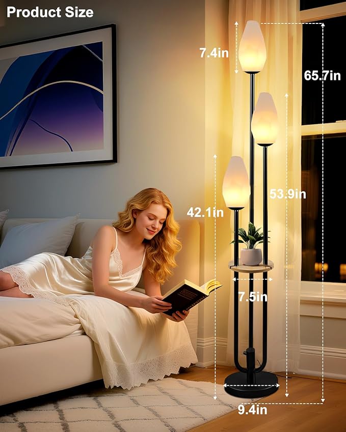 Lightdot Black Dimmable Floor Lamp with Table, 63IN Mid-Century Oval Floor Lamps with Bulbs Included, 3-Lights Candle Holder Style Modern Tall Standing Lamp for Living Room/Sofa Beside/Corner Decor