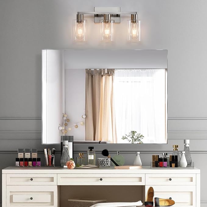 3-Light Vanity Lights,Brushed Nickel Vanity Light,with Clear Glass Shade for Bathroom Light Fixtures, Bathroom Light Fixtures Over Mirror